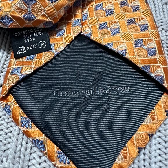 Ermenegildo Zegna orange fan printed geometric silk tie - Picture 3 of 5